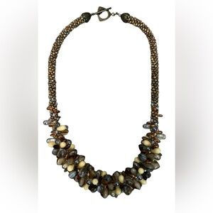 Kumihimo beaded glass cluster multicolored gemstone necklace